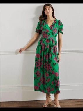 Boden Green Floral V-Neck Maxi Dress with Puff Sleeves - Size 16/18